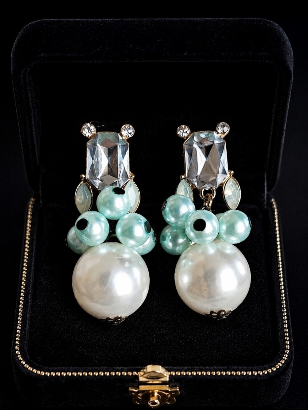 Minty Blue Green Faux Bauble Pearl Emerald Cut Clear Rhinestone Pierced Earrings